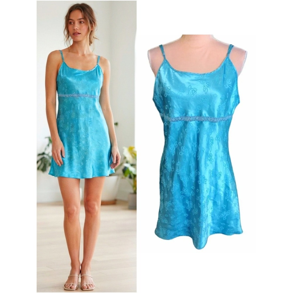 VTG 80s Teal Satin Floral Embroidered Detail Mini Slip‎ Dress Chemise XL Festie
